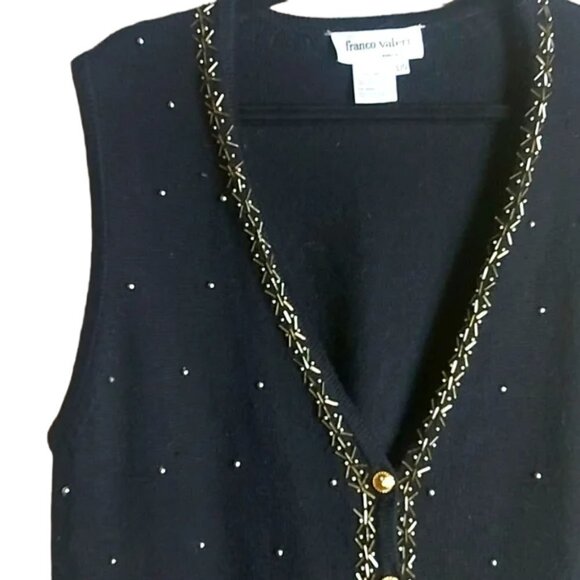 Vintage Franco Valeri Black & Gold Beaded Sweater Knit Vest Size Large - Picture 2 of 5